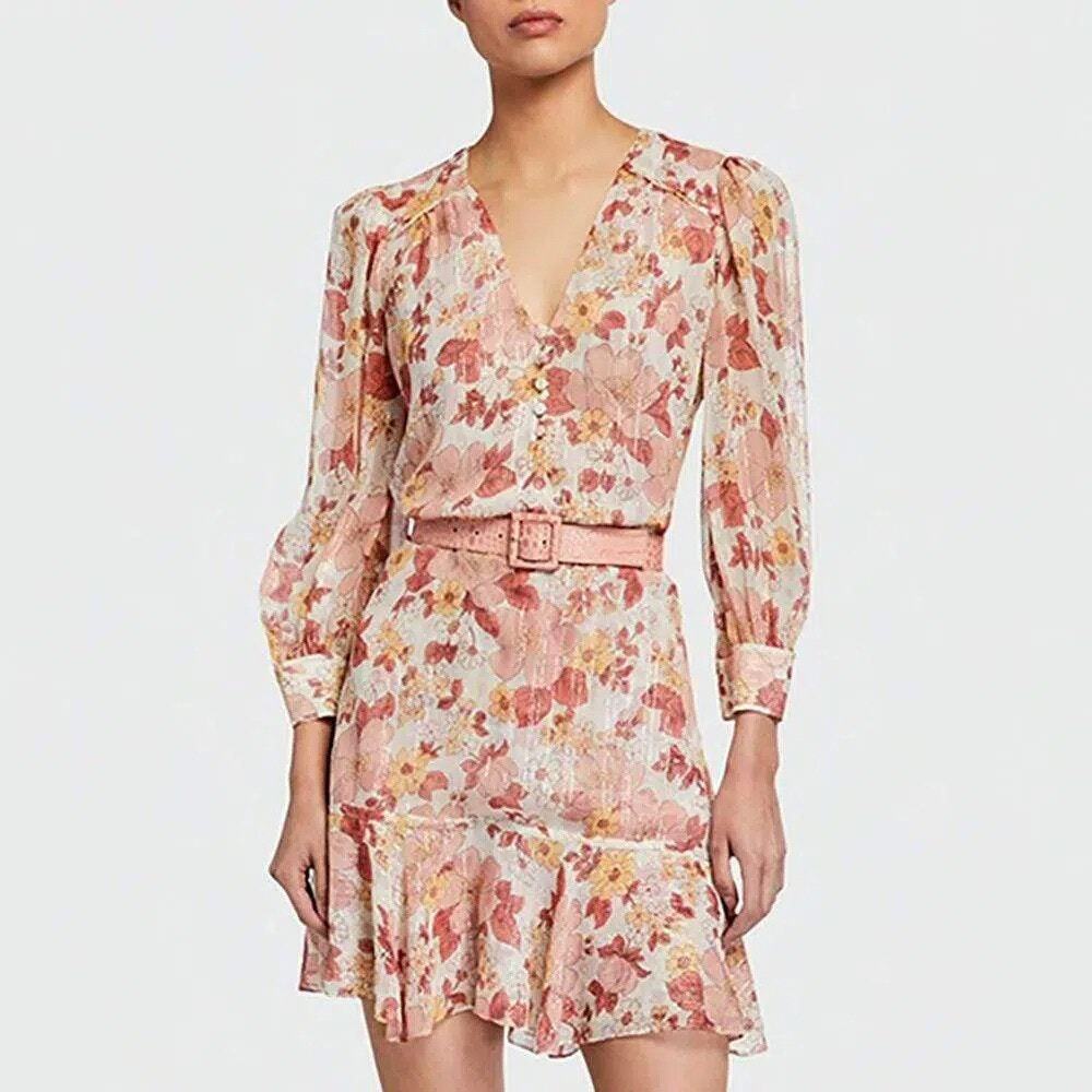 NWOT Veronica Beard CYBIL Ruffle Metallic Sparkle Floral Dress in Melon Size 8